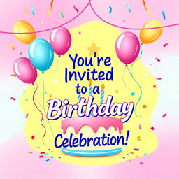 A colorful and festive birthday invitation card design, featuring balloons, confetti, and a birthday cake with candles