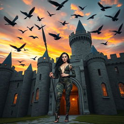 A mesmerizing photograph of a medieval castle at sunset, with a breathtaking sky filled with vivid oranges and purples