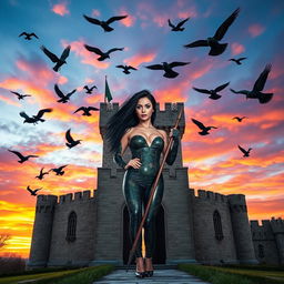 A mesmerizing photograph of a medieval castle at sunset, with a breathtaking sky filled with vivid oranges and purples