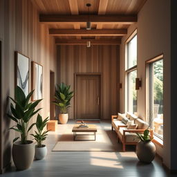 A warm and inviting entrance hall, featuring natural wood elements and soft, ambient lighting