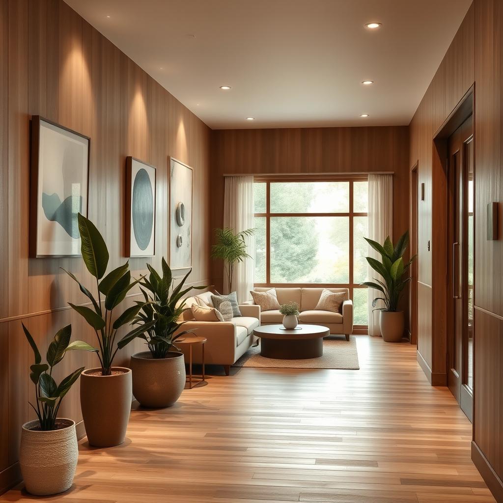 A warm and inviting entrance hall, featuring natural wood elements and soft, ambient lighting