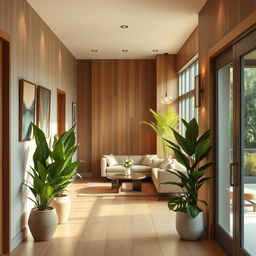 A warm and inviting entrance hall, featuring natural wood elements and soft, ambient lighting