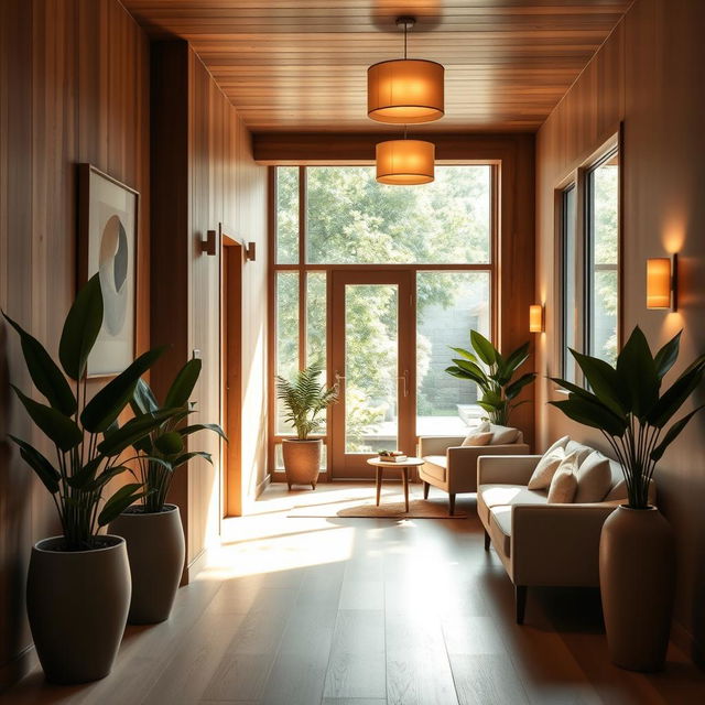 A warm and inviting entrance hall, featuring natural wood elements and soft, ambient lighting