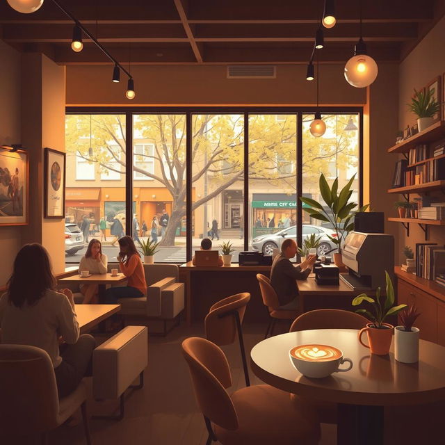 A warm and inviting scene depicting a cozy coffee shop interior with soft ambient lighting, comfortable furniture, and people enjoying their drinks