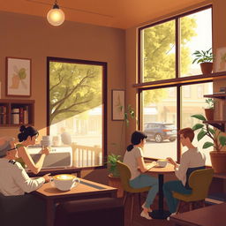A warm and inviting scene depicting a cozy coffee shop interior with soft ambient lighting, comfortable furniture, and people enjoying their drinks