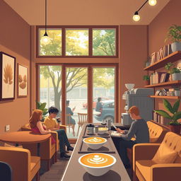 A warm and inviting scene depicting a cozy coffee shop interior with soft ambient lighting, comfortable furniture, and people enjoying their drinks