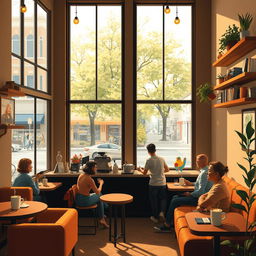 A warm and inviting scene depicting a cozy coffee shop interior with soft ambient lighting, comfortable furniture, and people enjoying their drinks