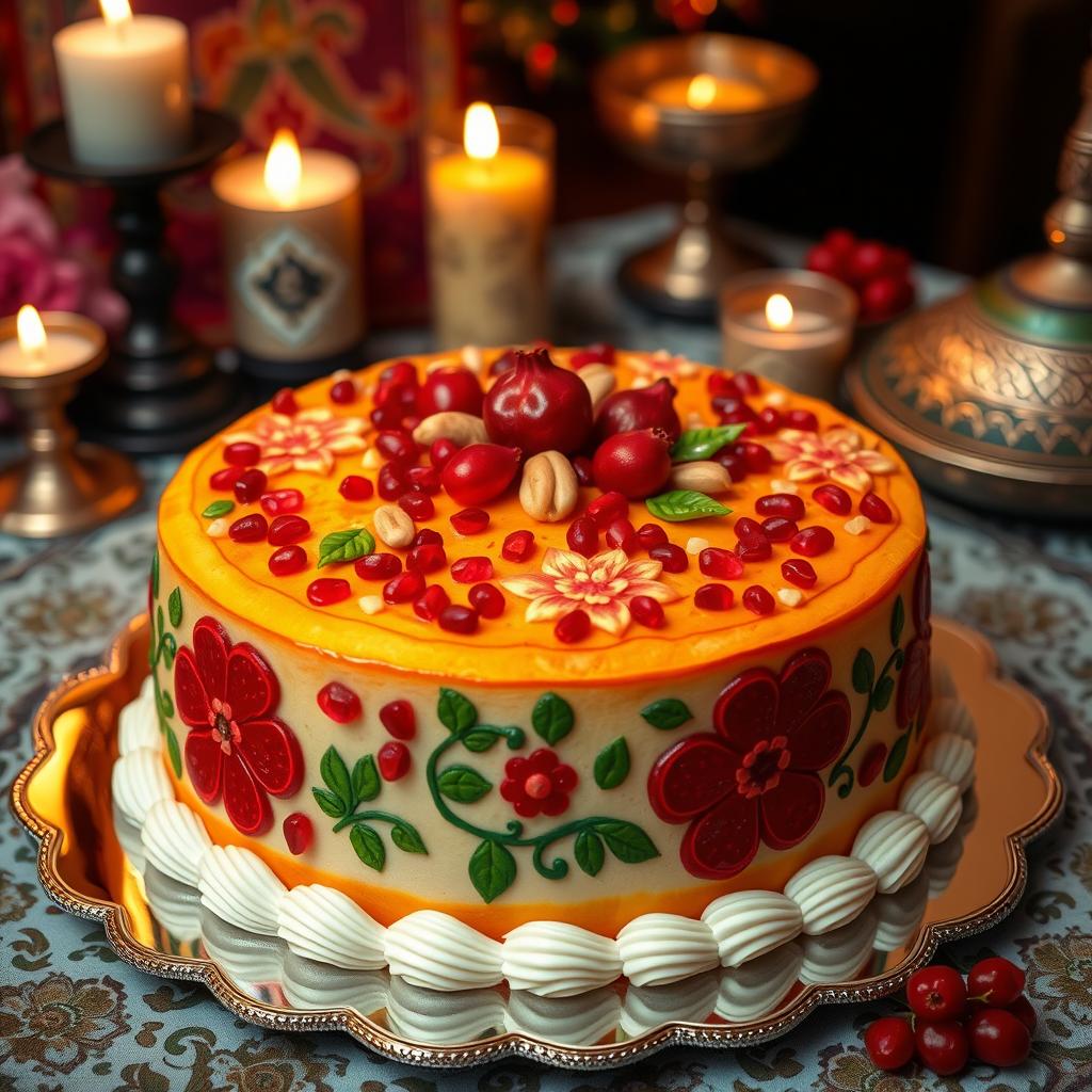 A beautifully decorated Yalda night cake, featuring rich and vibrant colors typical of Persian themes