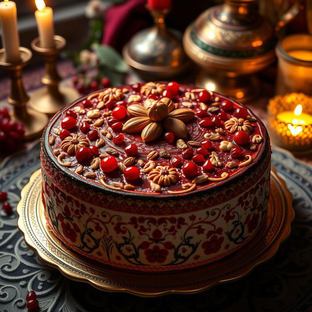 A beautifully decorated Yalda night cake, featuring rich and vibrant colors typical of Persian themes