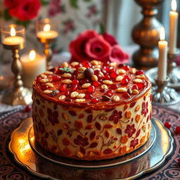 A beautifully decorated Yalda night cake, featuring rich and vibrant colors typical of Persian themes