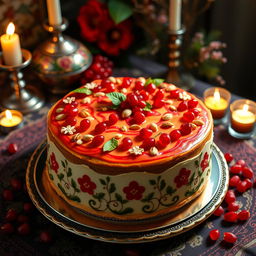 A beautifully decorated Yalda night cake, featuring rich and vibrant colors typical of Persian themes
