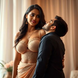 A sensual and intimate scene featuring a very tall Indian woman with big breasts and an alluring presence