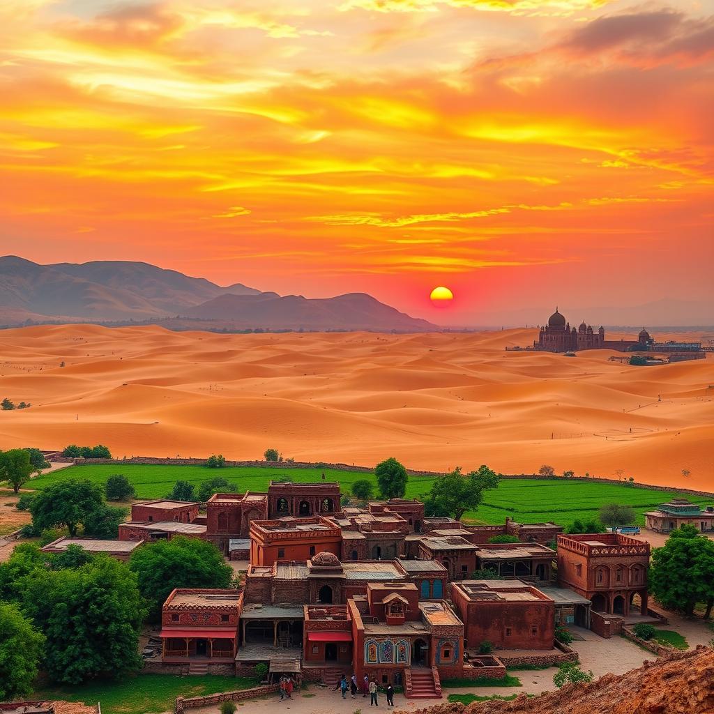 A breathtaking view of Rajasthan's picturesque landscapes, showcasing a vibrant sunset over the Thar Desert, with golden sand dunes stretching endlessly