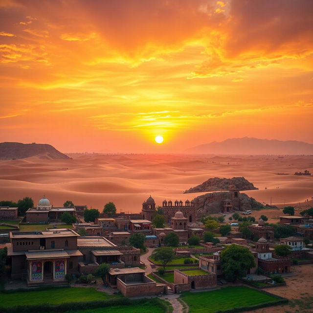 A breathtaking view of Rajasthan's picturesque landscapes, showcasing a vibrant sunset over the Thar Desert, with golden sand dunes stretching endlessly