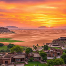 A breathtaking view of Rajasthan's picturesque landscapes, showcasing a vibrant sunset over the Thar Desert, with golden sand dunes stretching endlessly