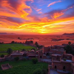 A breathtaking view of Rajasthan's picturesque landscapes, showcasing a vibrant sunset over the Thar Desert, with golden sand dunes stretching endlessly