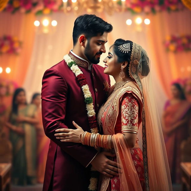 A sensual and romantic scene depicting a very tall Indian bride with big breasts, adorned in a beautiful and elegant wedding outfit, standing closely beside her short groom