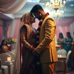 A sensual and romantic scene depicting a very tall Indian bride with big breasts, adorned in a beautiful and elegant wedding outfit, standing closely beside her short groom