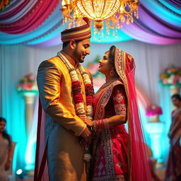 A sensual and romantic scene depicting a very tall Indian bride with big breasts, adorned in a beautiful and elegant wedding outfit, standing closely beside her short groom