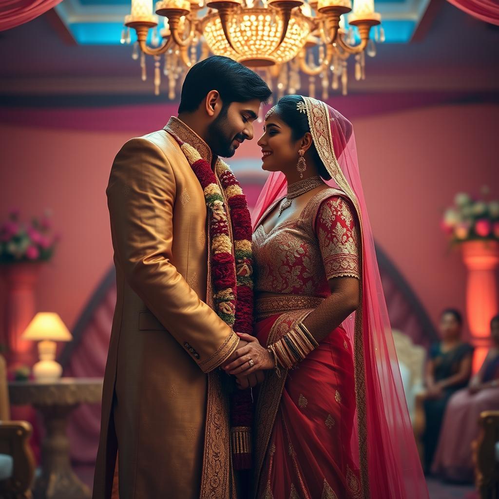 A sensual and romantic scene depicting a very tall Indian bride with big breasts, adorned in a beautiful and elegant wedding outfit, standing closely beside her short groom