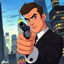 A man with a military-style haircut, dressed in a sharp black suit, confidently holding a vintage 1950s mobster gun pointed forward