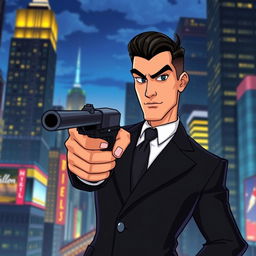 A man with a military-style haircut, dressed in a sharp black suit, confidently holding a vintage 1950s mobster gun pointed forward