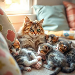 A serene scene of a content mother cat nursing her adorable kittens in a cozy setting