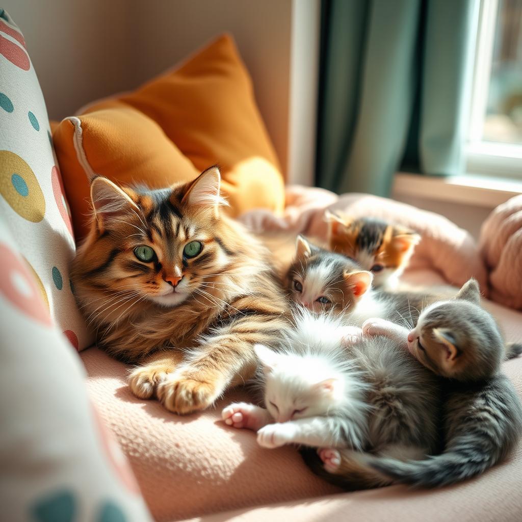 A serene scene of a content mother cat nursing her adorable kittens in a cozy setting