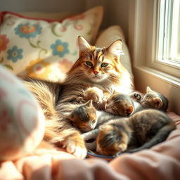 A serene scene of a content mother cat nursing her adorable kittens in a cozy setting
