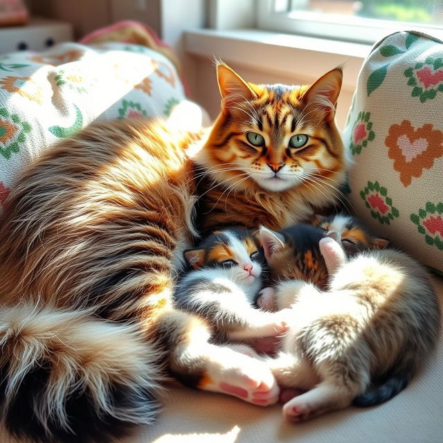 A serene scene of a content mother cat nursing her adorable kittens in a cozy setting