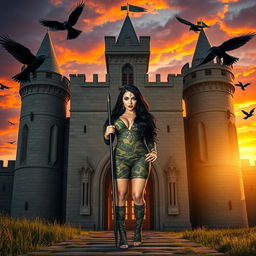 A stunning photograph of a medieval castle at sunset, with a dramatic sky painted in rich oranges and purples
