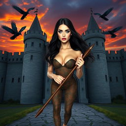 A stunning photograph of a medieval castle at sunset, with a dramatic sky painted in rich oranges and purples