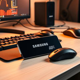 A sleek Samsung SSD 990 Pro placed elegantly on a modern PC desk, surrounded by various tech gadgets like a mechanical keyboard, a gaming mouse, and a high-resolution monitor