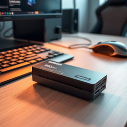 A sleek Samsung SSD 990 Pro placed elegantly on a modern PC desk, surrounded by various tech gadgets like a mechanical keyboard, a gaming mouse, and a high-resolution monitor