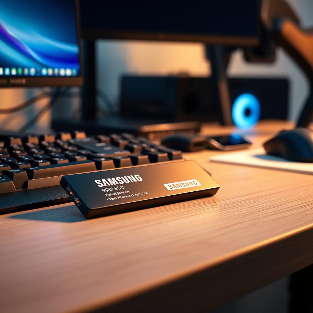 A sleek Samsung SSD 990 Pro placed elegantly on a modern PC desk, surrounded by various tech gadgets like a mechanical keyboard, a gaming mouse, and a high-resolution monitor