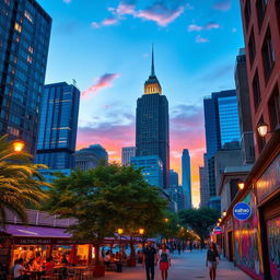 A vibrant cityscape at dusk, featuring towering skyscrapers with glowing windows, lively street scenes with people enjoying outdoor cafes, and colorful street art on the walls