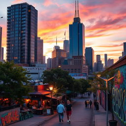 A vibrant cityscape at dusk, featuring towering skyscrapers with glowing windows, lively street scenes with people enjoying outdoor cafes, and colorful street art on the walls