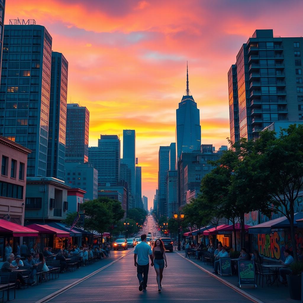 A vibrant cityscape at dusk, featuring towering skyscrapers with glowing windows, lively street scenes with people enjoying outdoor cafes, and colorful street art on the walls