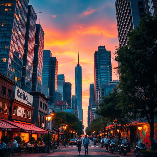 A vibrant cityscape at dusk, featuring towering skyscrapers with glowing windows, lively street scenes with people enjoying outdoor cafes, and colorful street art on the walls