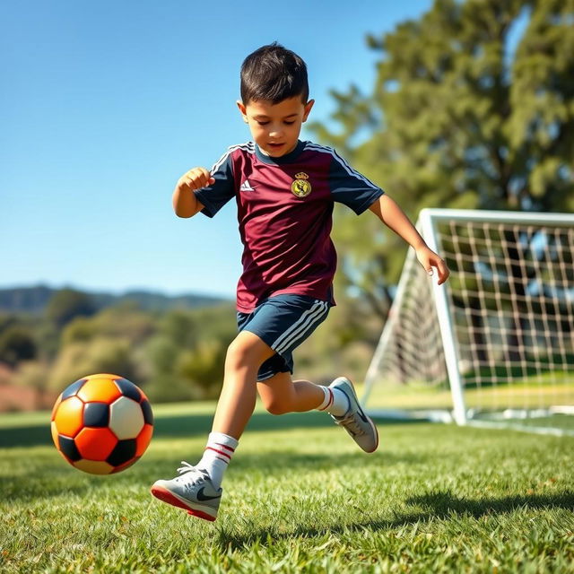 A young boy with short dark hair, closely resembling Cristiano Ronaldo, energetically playing football on a sunny day at a lush green field