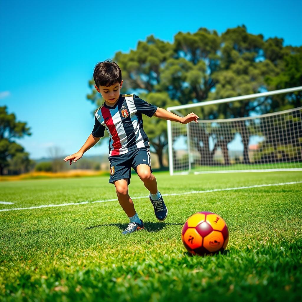 A young boy with short dark hair, closely resembling Cristiano Ronaldo, energetically playing football on a sunny day at a lush green field