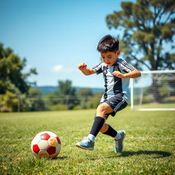 A young boy with short dark hair, closely resembling Cristiano Ronaldo, energetically playing football on a sunny day at a lush green field