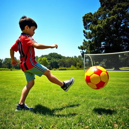 A young boy with short dark hair, closely resembling Cristiano Ronaldo, energetically playing football on a sunny day at a lush green field