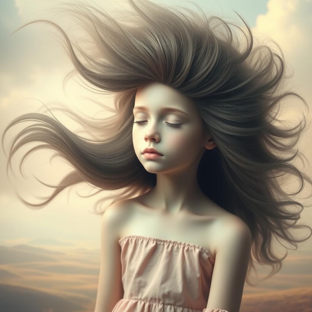 A surreal, artistic representation of a girl characterized by the absence of lips, arms, and legs, featuring voluminous, oversized hair that flows dramatically around her head