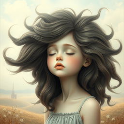 A surreal, artistic representation of a girl characterized by the absence of lips, arms, and legs, featuring voluminous, oversized hair that flows dramatically around her head