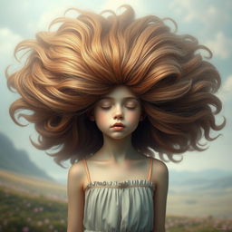 A surreal, artistic representation of a girl characterized by the absence of lips, arms, and legs, featuring voluminous, oversized hair that flows dramatically around her head