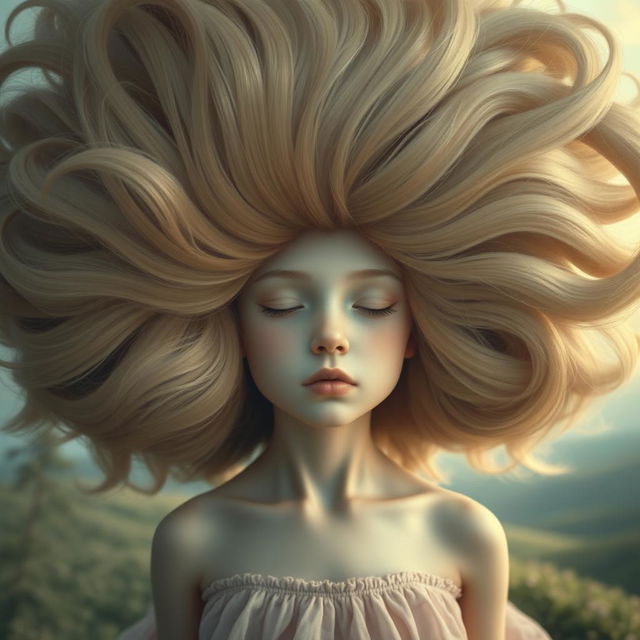 A surreal, artistic representation of a girl characterized by the absence of lips, arms, and legs, featuring voluminous, oversized hair that flows dramatically around her head