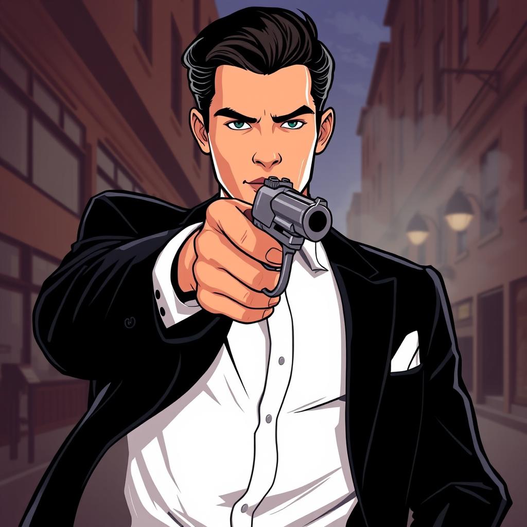 A young man from the 1950s dressed in a sleek black suit, confidently holding a vintage mafia-style gun aimed forward