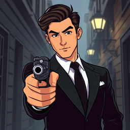 A young man from the 1950s dressed in a sleek black suit, confidently holding a vintage mafia-style gun aimed forward