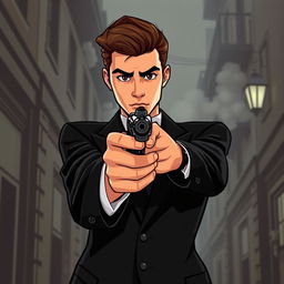 A young man from the 1950s dressed in a sleek black suit, confidently holding a vintage mafia-style gun aimed forward